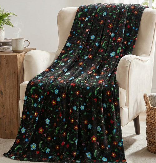 Anishinaabe Enchantment Black Floral Plush Throw Blanket